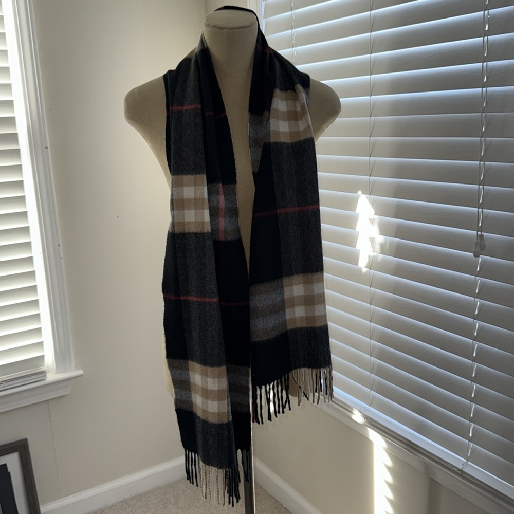 Burberry Classic Check Plaid 100% Cashmere Scarf Black White Beige 72" x 12.5" - Picture 2 of 5